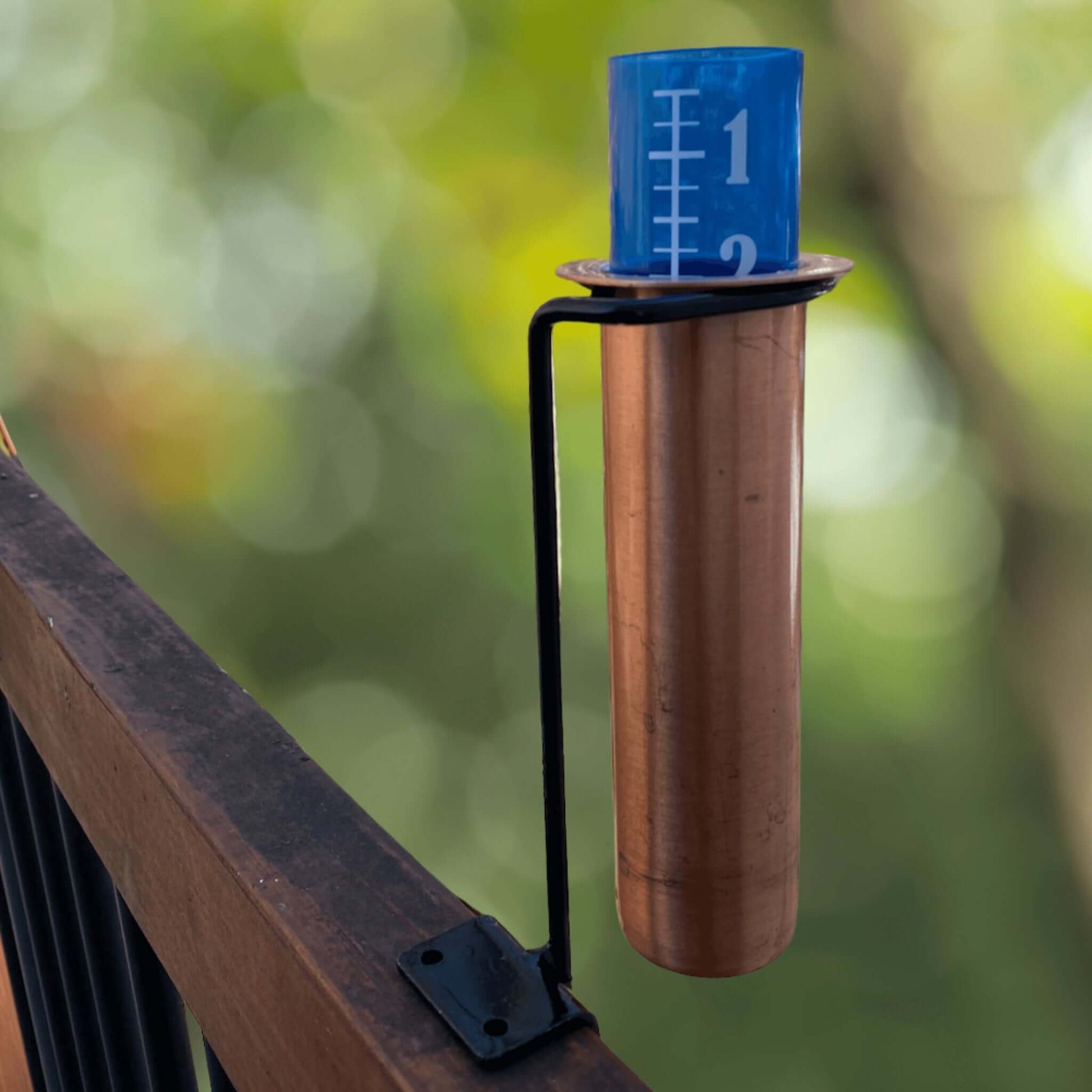 Minimalist Solid Copper Deck Rail Mount Rain Gauge For Wood - World's Coolest Rain Gauge Co.