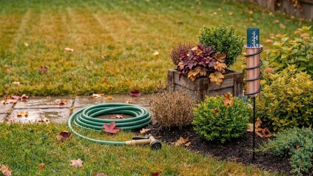 copper rain gauge in a fall yard