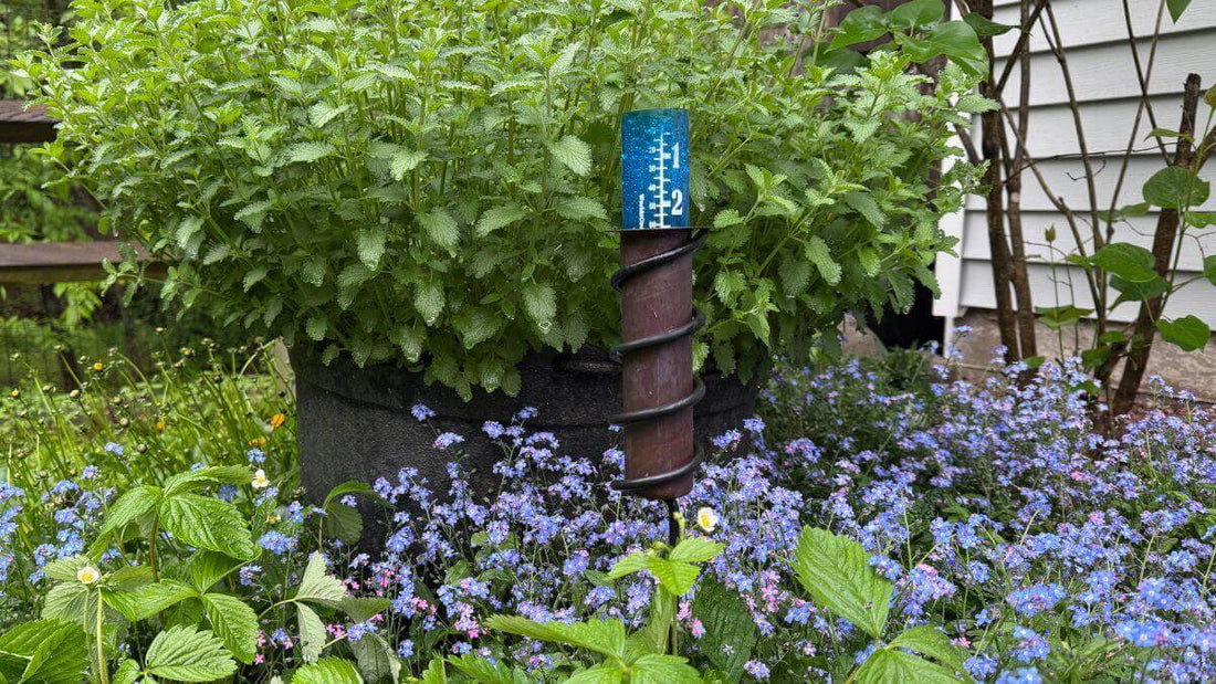 weathered copper rain gauge in flower garden