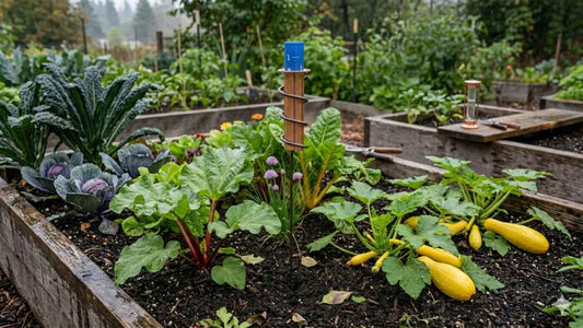 copper rain gauge in vegetable garden