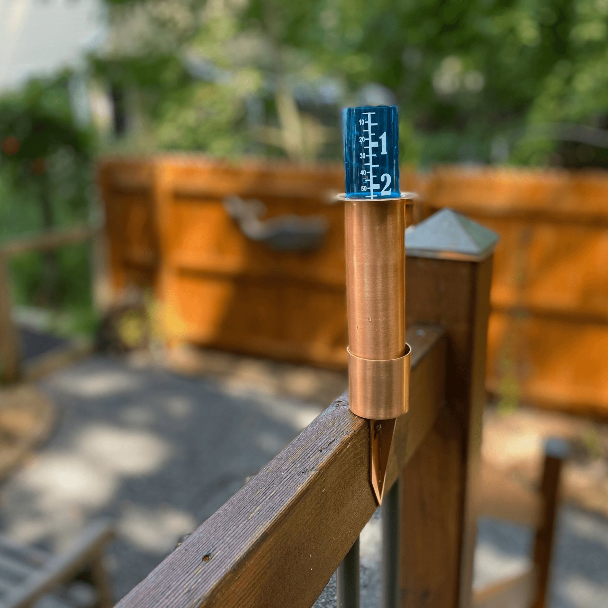 Coolest Copper Rain Gauge Wood Fence, Deck Mount - World's Coolest Rain Gauge Co.