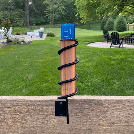 Fence Mount Copper Rain Gauge On Cedar Fence