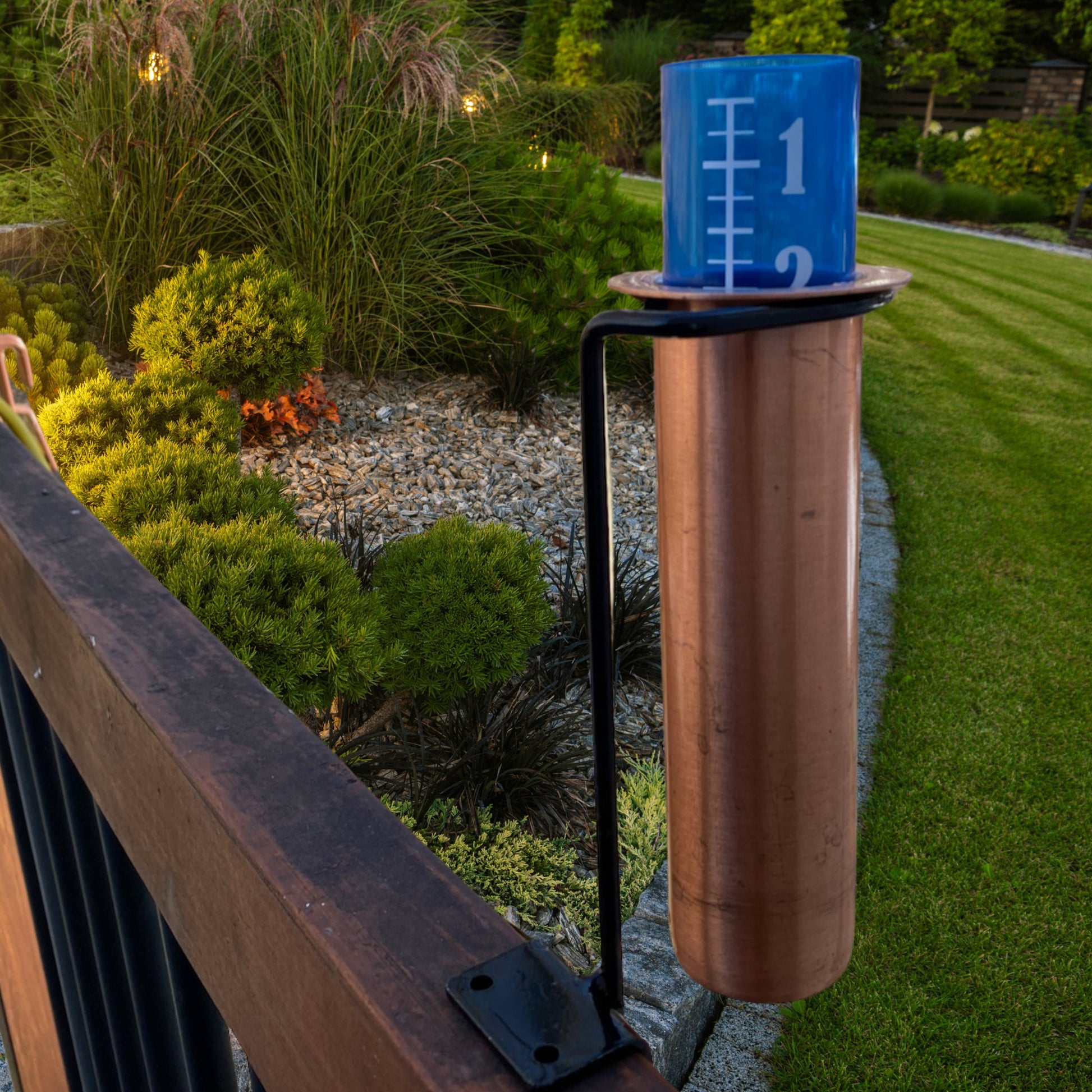 Minimalist Solid Copper Deck Rail Mount Rain Gauge For Wood - World's Coolest Rain Gauge Co.